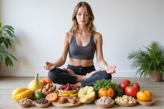 A woman meditating with healthy food and a plant, symbolizing holistic wellness.
