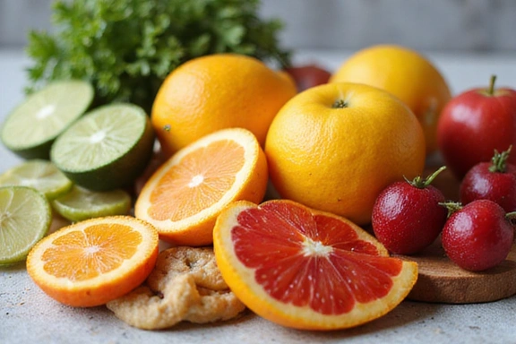 A selection of colorful fruits and vegetables, promoting healthy snacks.
