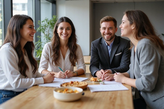 Group of employees engaged in a corporate wellness seminar, looking healthy and happy