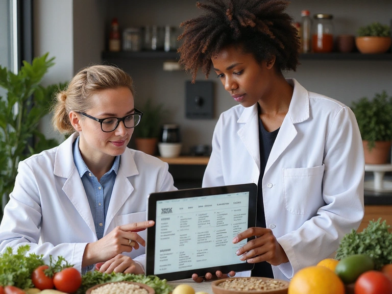 A nutritionist consulting with a client, pointing to a personalized dietary plan on a tablet, with fresh ingredients in the background, symbolizing a holistic approach to specific dietary needs.