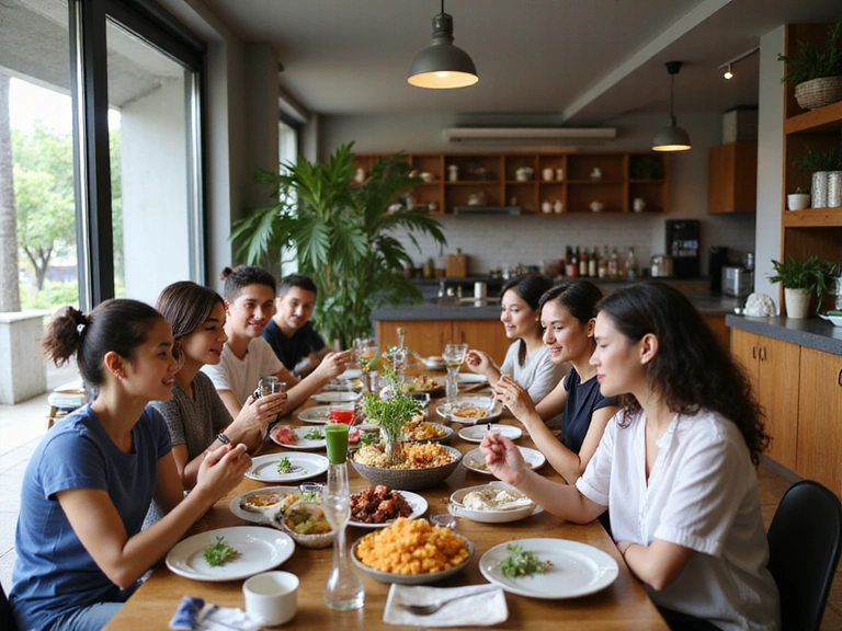 Diverse group of people enjoying healthy food