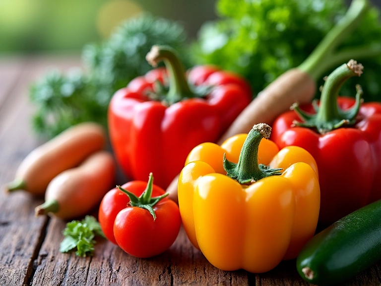 Variety of fresh, colorful healthy ingredients on a wooden table