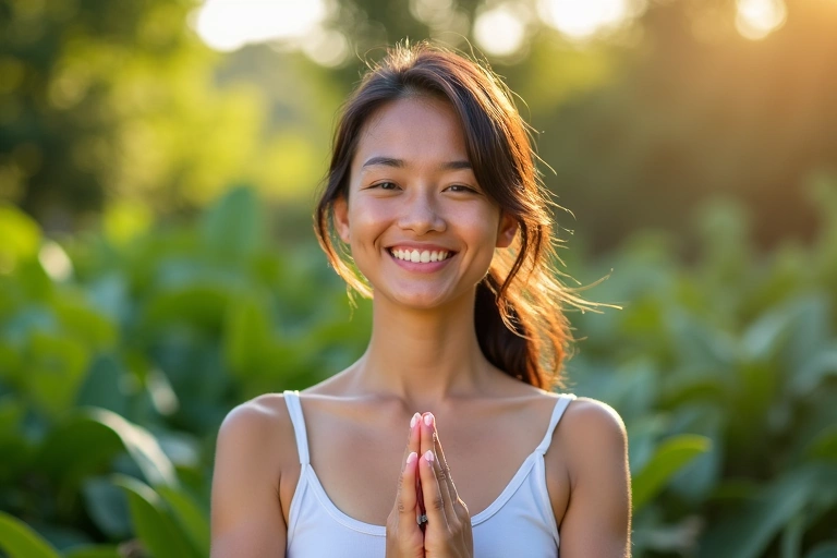 A serene woman practicing yoga outdoors, with a gentle smile, surrounded by lush greenery, symbolizing inner balance and well-being. No text, no letters, no inscriptions.