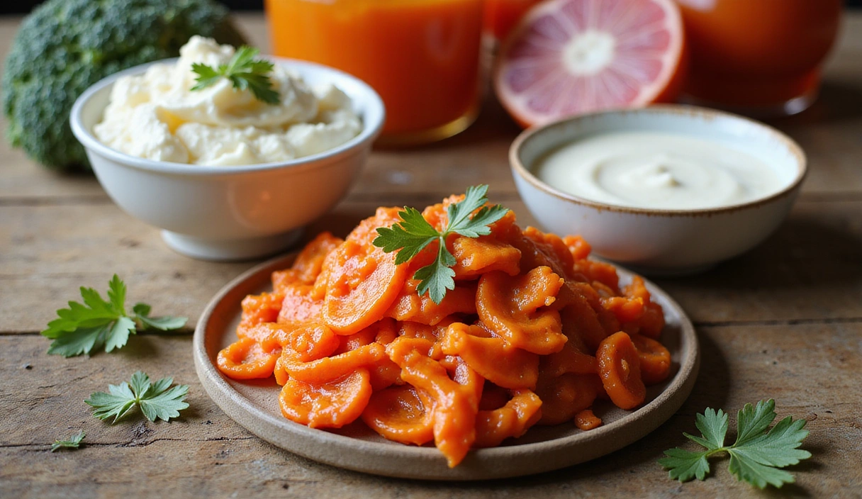 A vibrant close-up of various fermented foods like kimchi, yogurt, and kombucha, artfully arranged on a rustic wooden table, with natural light highlighting their textures. No text, no letters, no inscriptions.