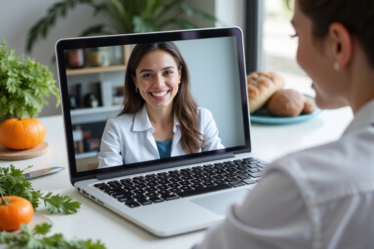 A nutritionist consulting a client online via video call, showing a laptop screen with a friendly face and a person on the other side smiling, with healthy food items visible in the background.