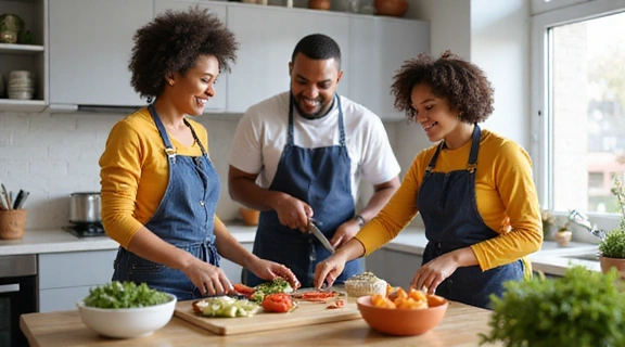 A family cooking healthy food together in a kitchen
