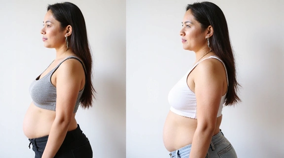 Before and after comparison of Sarah J.'s weight loss