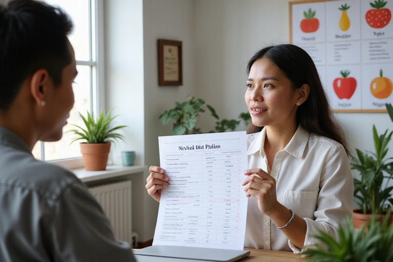A nutritionist explaining a personalized diet plan to a client in a modern, bright office setting, with food charts and laptop visible.