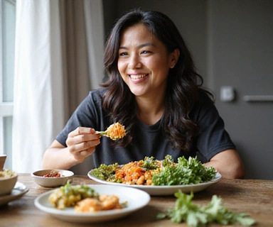 Woman enjoying a healthy meal, looking happy and mindful.